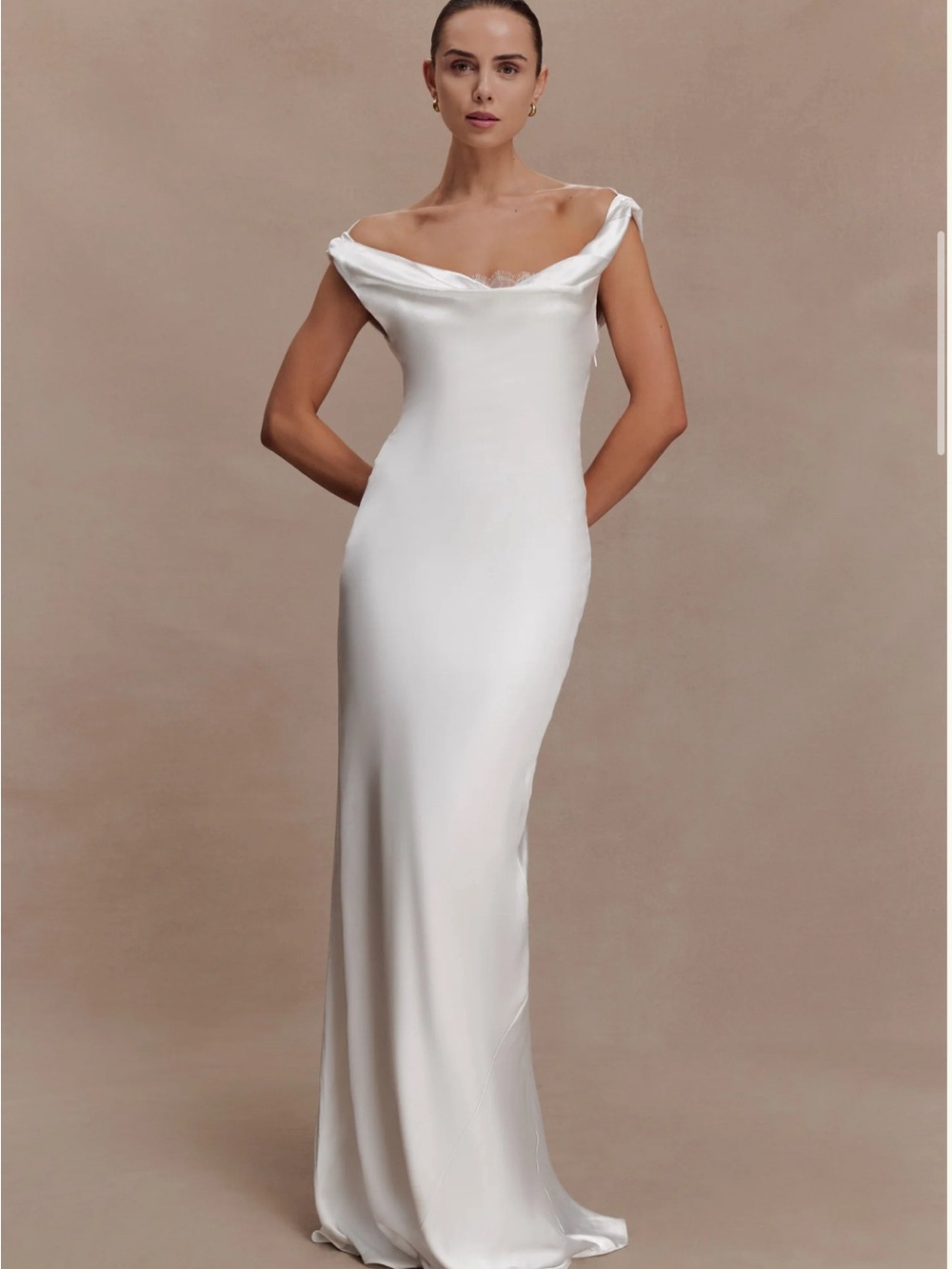 Meshki White Satin Off-Shoulder Column Wedding Dress